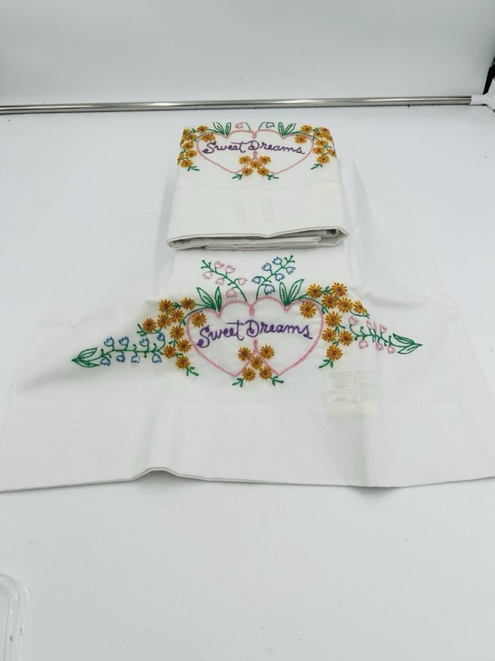 Vintage Hand Embroidered Pillowcases Pair Standard White Floral SWEET DREAMS